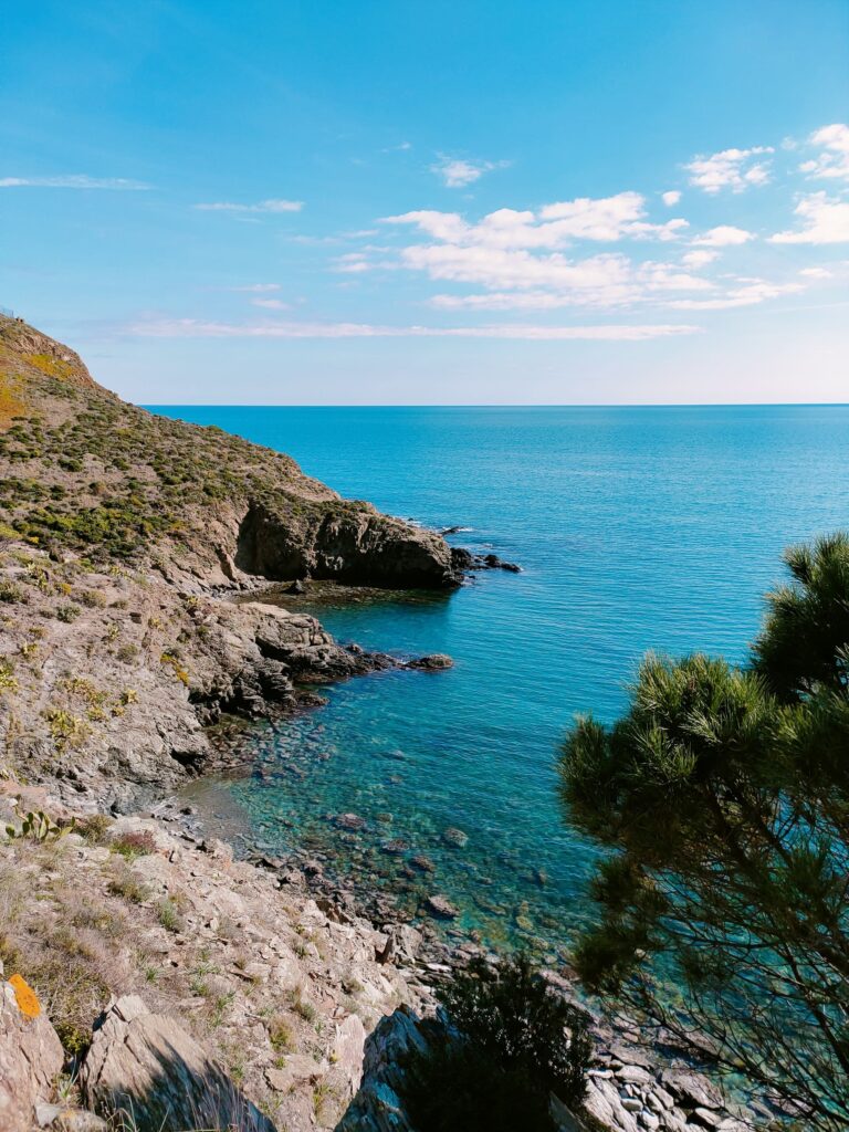 Vue imprenable sur une crique sauvage de la baie de Paulilles, site d'ancrage du catamaran Navivoile pour le déjeuner grillades lors d'une Sortie bateau Port-vendres